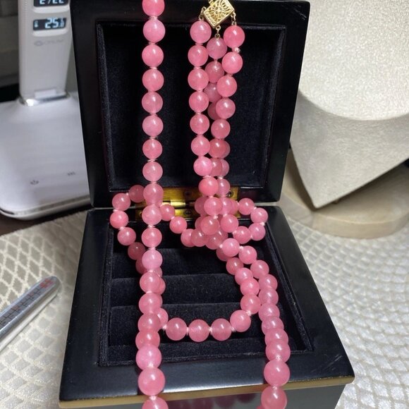 Natural Rose Quartz Bead Necklace 18.5” | 14K Gold Clasp | Vintage 97g - Picture 3 of 15